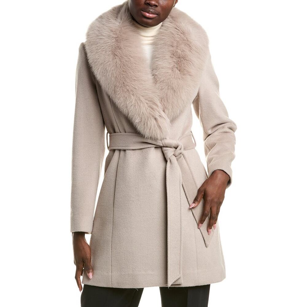 Sofia Cashmere Taupe Wool Overcoat with Shearling Fur Collar Size 6 Belted Waist - Picture 10 of 10